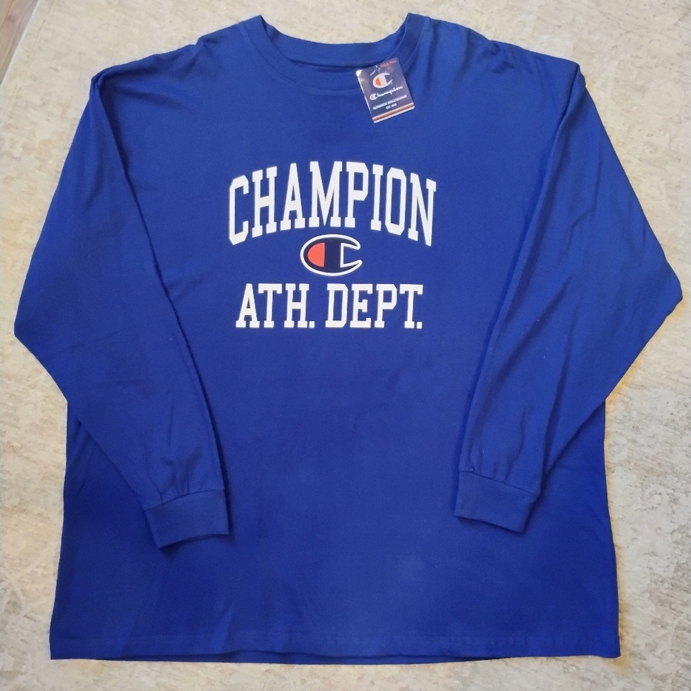 NWT 3XL Champion Big And Tall Long Sleeve Blue Logo Crew Active Gym Tee NEW